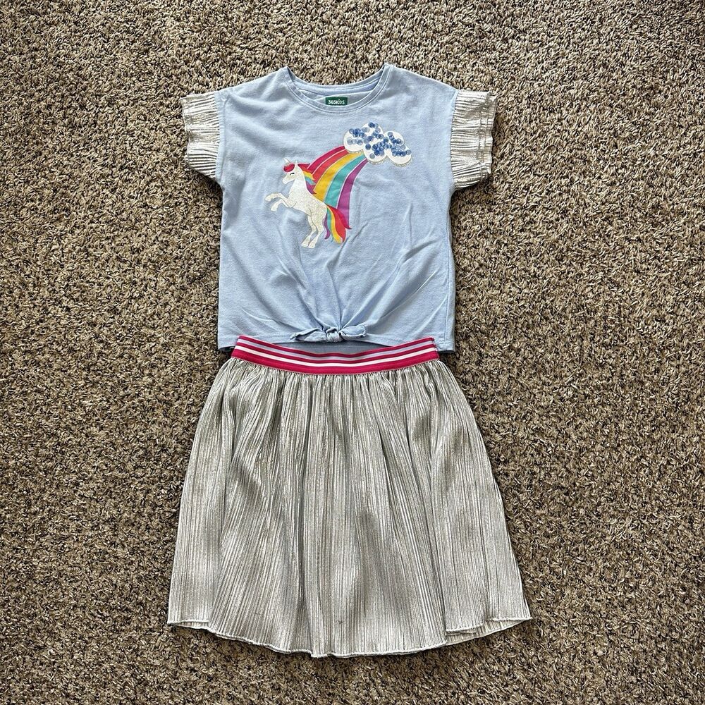 Girls Sz 7/8 365 Kids by Garanimals 2 Piece set Shirt Pleated Skirt Silver Blue
